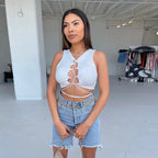 Damen Denim-Shorts im modernen High-Waist Schnitt mit fransigen Säumen R&B