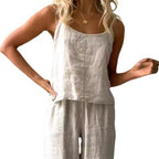 Damen lässiges Leinen-Set mit trägerloser Bluse und weiten Hosen R&B