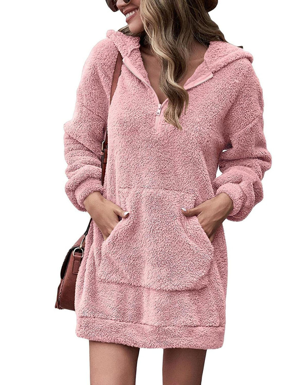 Damen Kuscheliger Hoodie-Kleid mit praktischen Taschen und halben Reißverschluss R&B