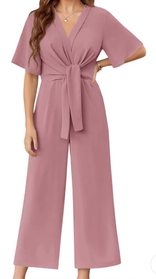 Damen Jumpsuit mit Taillenknoten und weitem Bein R&B