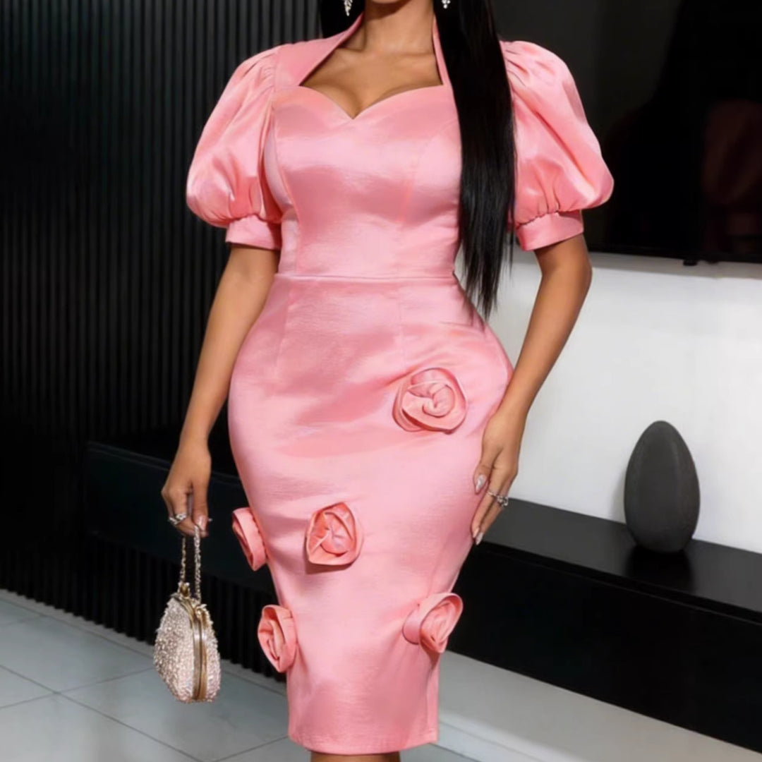 Damen Elegantes Kleid mit voluminösen Puffärmeln und floralem Akzent R&B