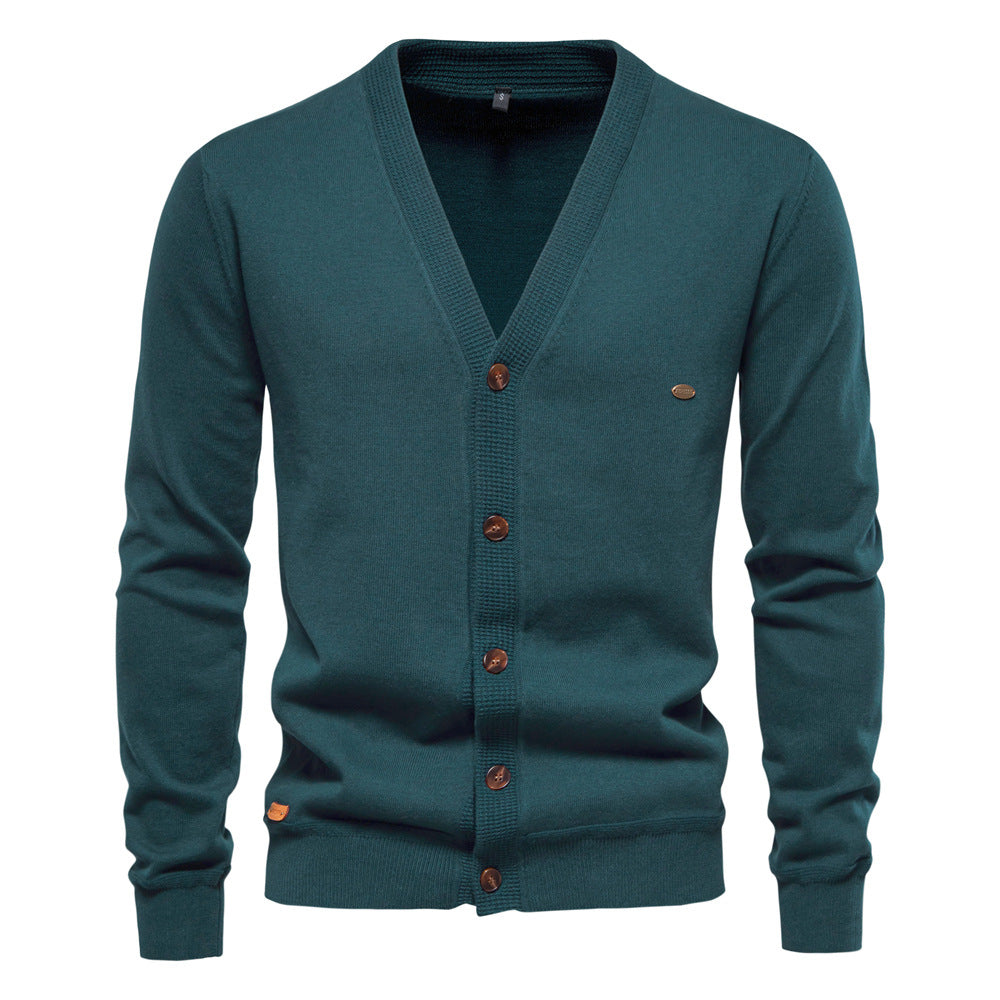Herren Strickjacke mit V-Ausschnitt und modischen Holzknöpfen R&B