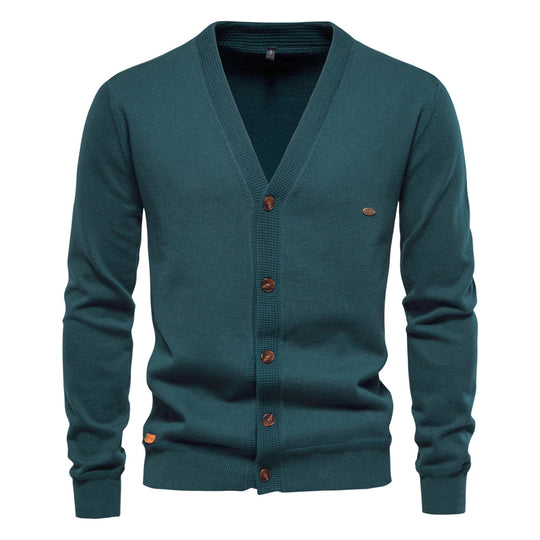 Herren Strickjacke mit V-Ausschnitt und modischen Holzknöpfen R&B