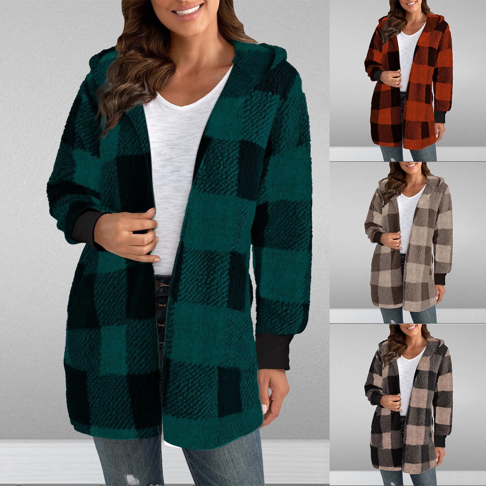 Damen Kuschelige Oversized Jacke mit Kapuze R&B