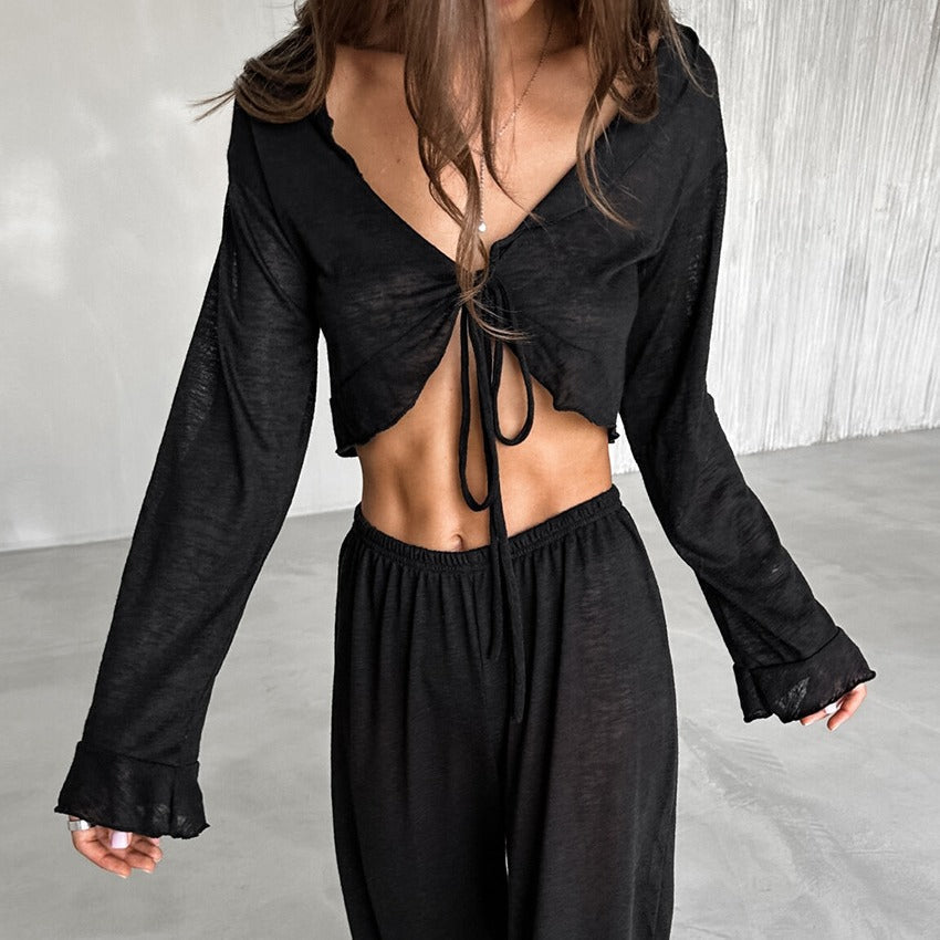 Damen Lässiges Lounge-Set mit cropped Oberteil und weit geschnittenen Hosen R&B