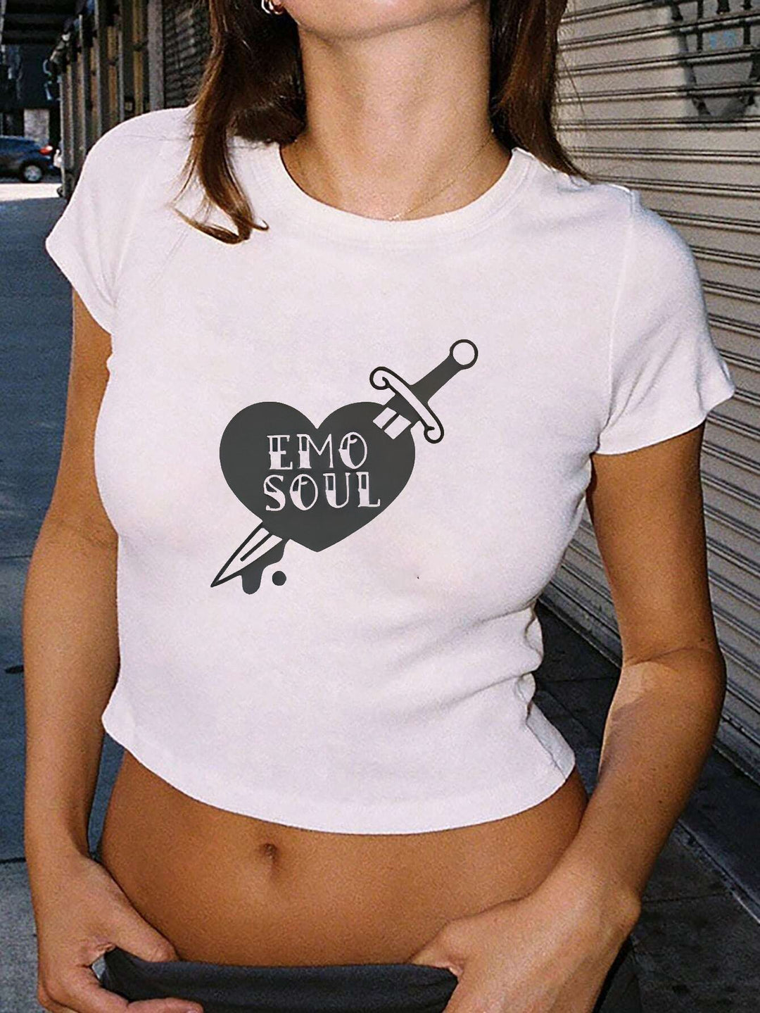 Damen Crop-T-Shirt mit kreativem Telefon-Design R&B