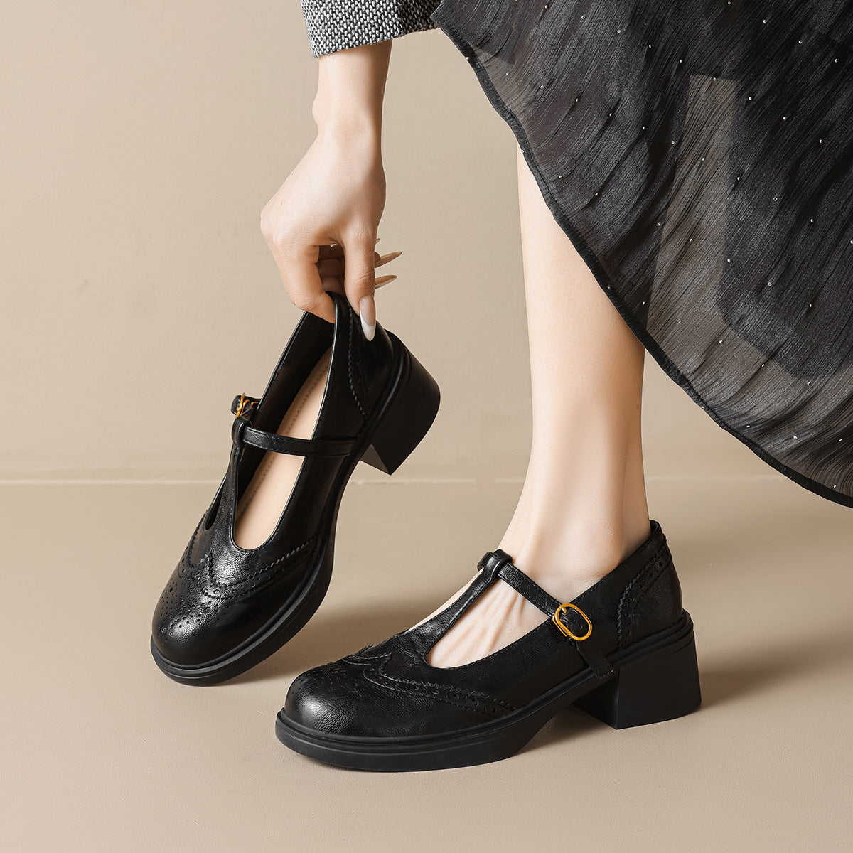 Damen Ballerinas mit modischem Riemen und stilvollem Blockabsatz