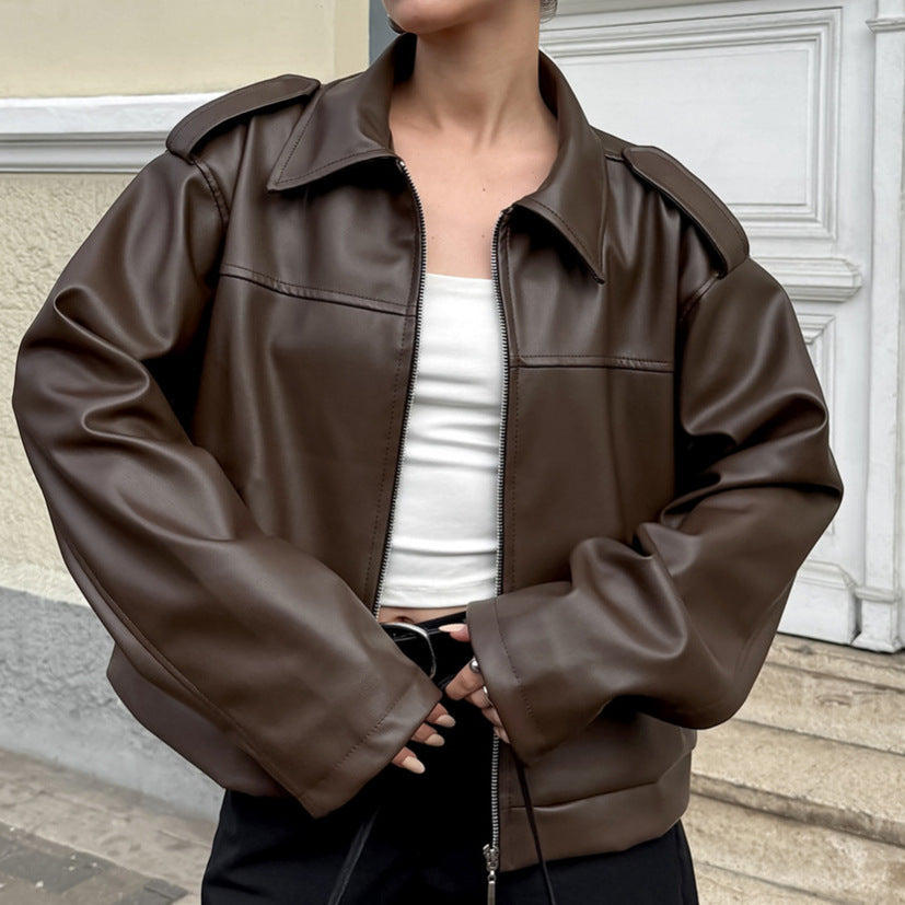 Damen Modische Kurzjacke aus Kunstleder mit ausgefallenem Kragen R&B