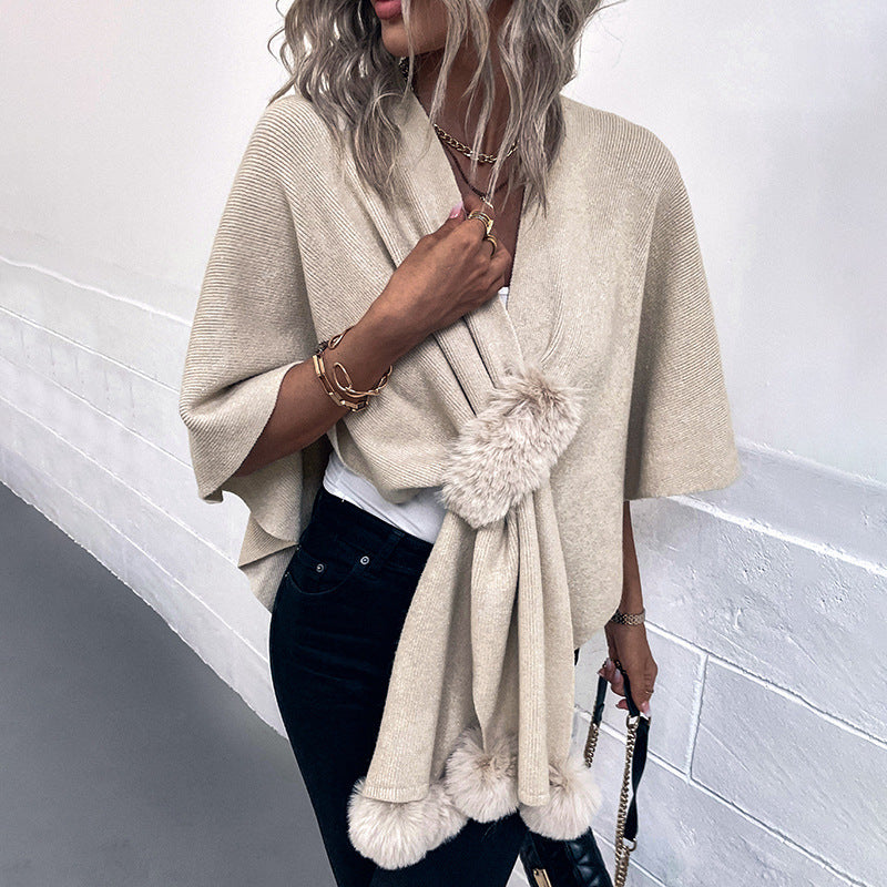 Damen eleganter Poncho mit luxuriösem Kunstfellbesatz R&B
