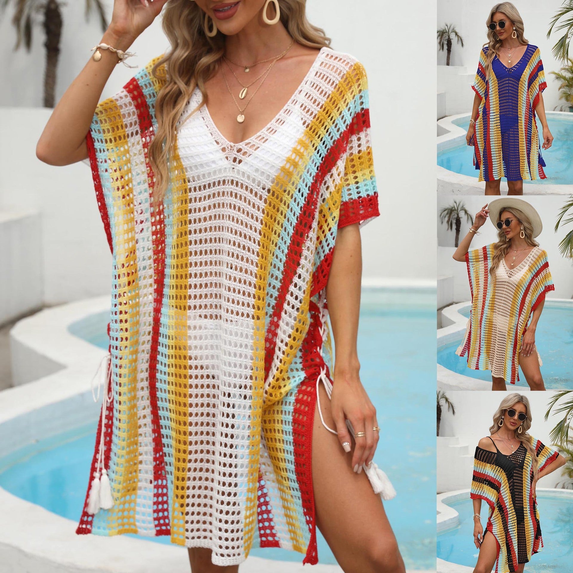 Damen lässiger Häkel-Strandüberwurf mit buntem Muster R&B
