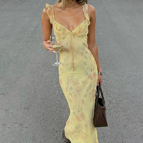 Damen Maxikleid mit floralem Muster und zartem Rüschensaum R&B