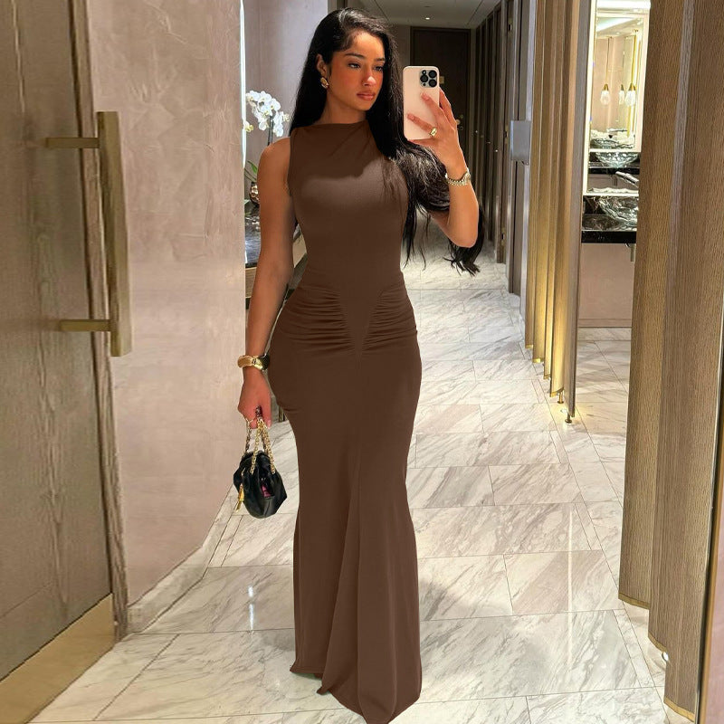 Damen Figurbetontes Maxikleid mit hochgeschlossenem Design und Raffung R&B
