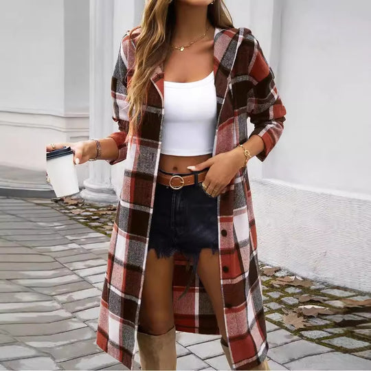 Damen Karomuster Longjacke mit Kapuze R&B
