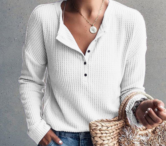 Damen Langarmhemd mit strukturiertem Waffelmuster und modischen Knopfdetails R&B