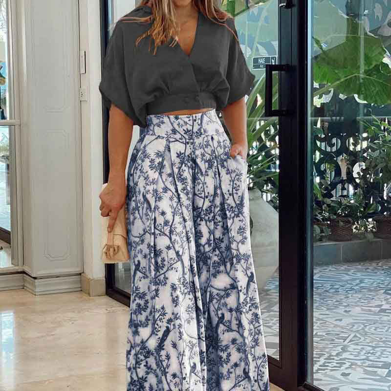 Damen Crop-Top Kombi-Anzug mit Weitem Rock und Floralem Muster R&B