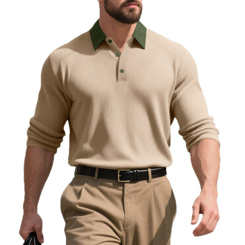 Herren langärmliges Polo-Hemd mit strukturierter Oberfläche und innovativem Kragen R&B