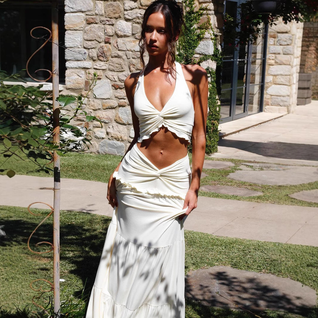 Damen Zweiteiliges Sommerkleid mit raffiniertem Oberteil und fließendem Rock R&B
