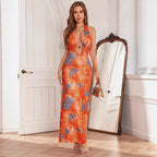 Damen elegantes Maxikleid mit tiefem V-Ausschnitt und verspieltem Halterdesign R&B