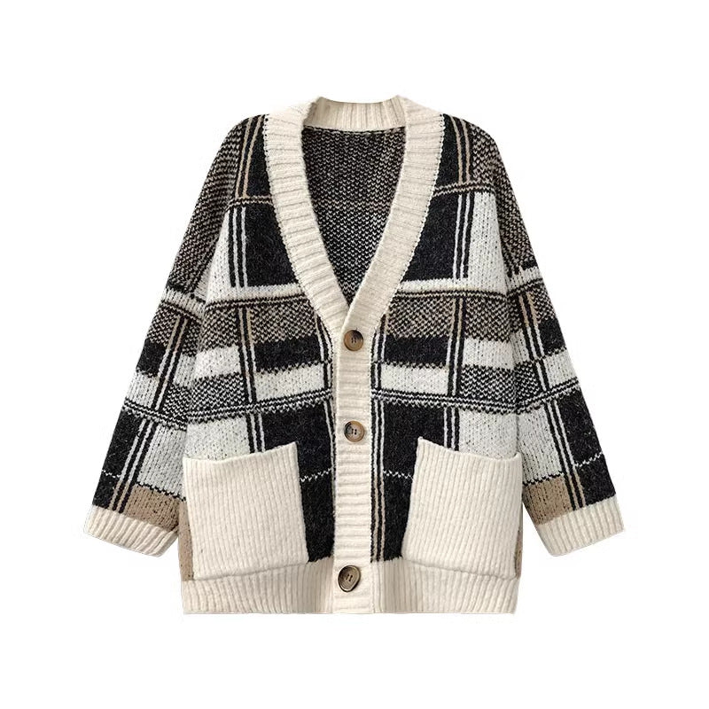 Damen Modischer Oversized Cardigan mit Karomuster R&B