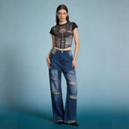 Damen Weite Ripped Jeans mit hohem Bund