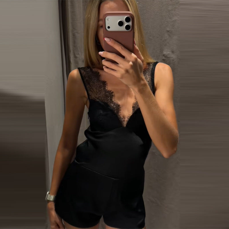 Damen Satin-Cami-Top mit feiner Spitze und verstellbaren Trägern EB