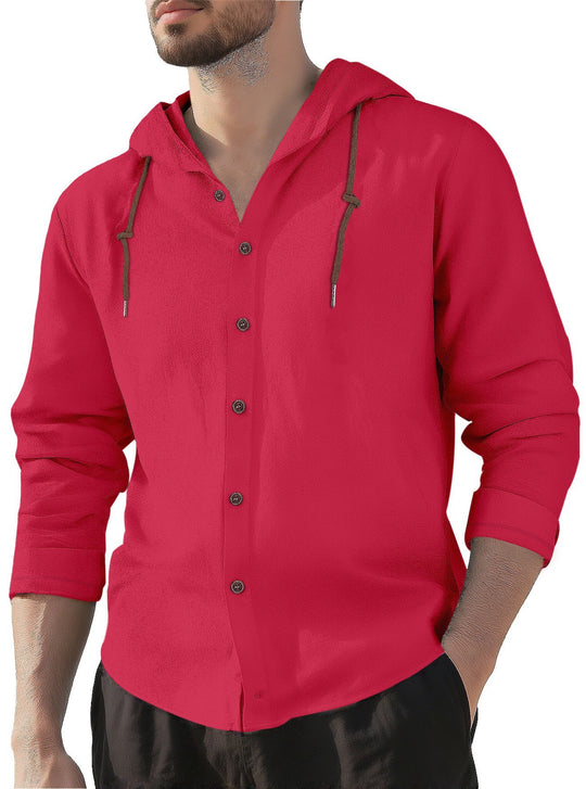 Herren nan Kapuzenhemd im Leinen-Look mit durchgehender Knopfleiste und Kordelzug R&B