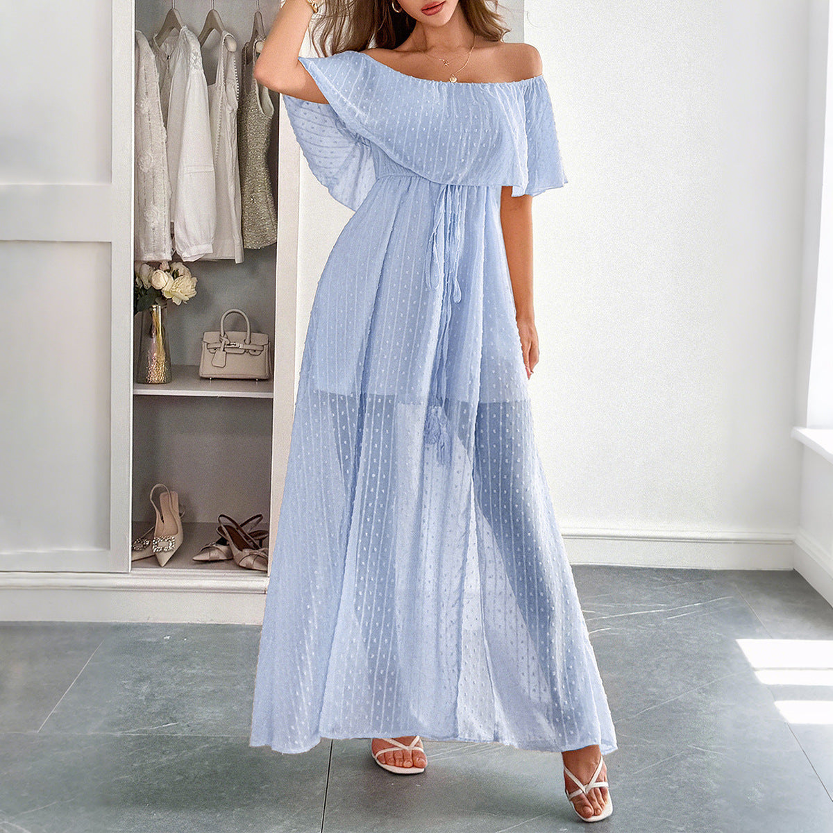 Damen Off-Shoulder Maxikleid mit feinem Punktedesign und Taillenbindung R&B