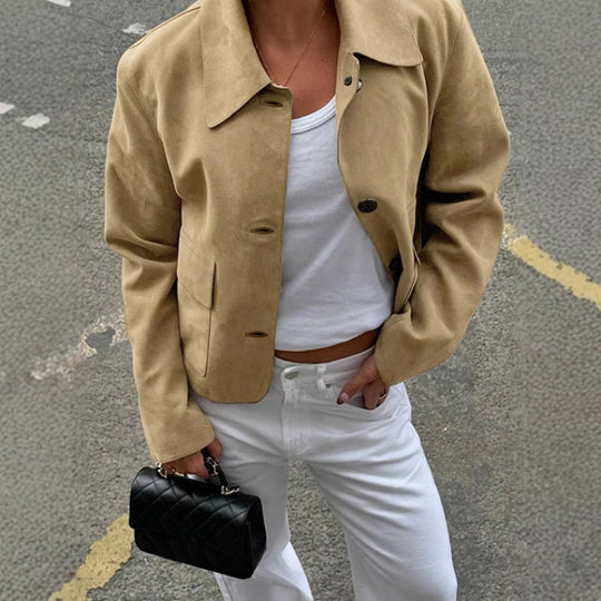 Damen modische Wildlederjacke mit praktischen Taschen und klassischem Kragen R&B