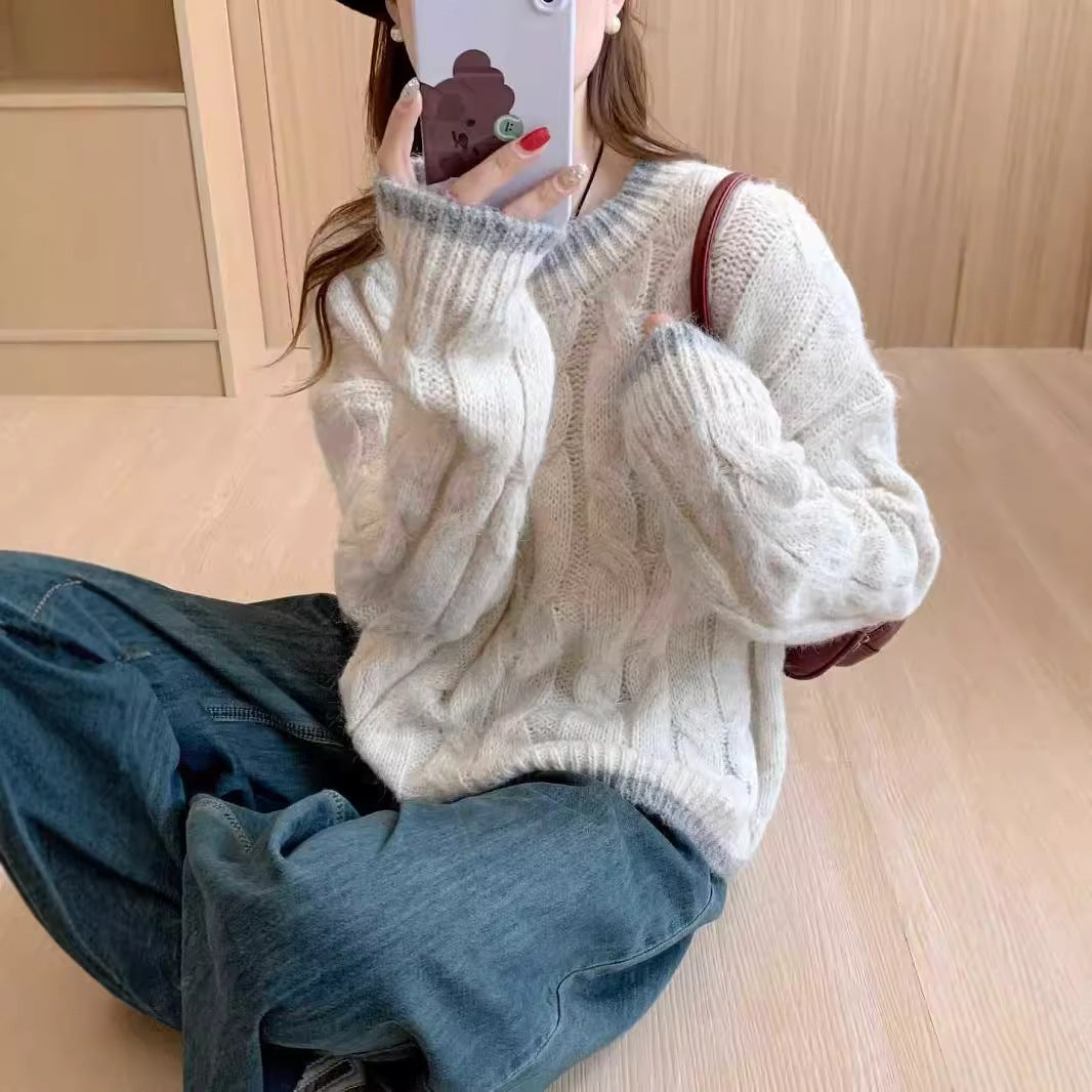 Damen Grob gestrickter Pullover mit Zopfmuster und Rundhalsausschnitt R&B
