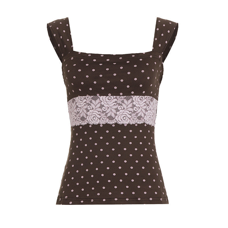 Damen Spaghetti-Trägertop mit Spitzeneinsatz und verspieltem Punktdesign R&B