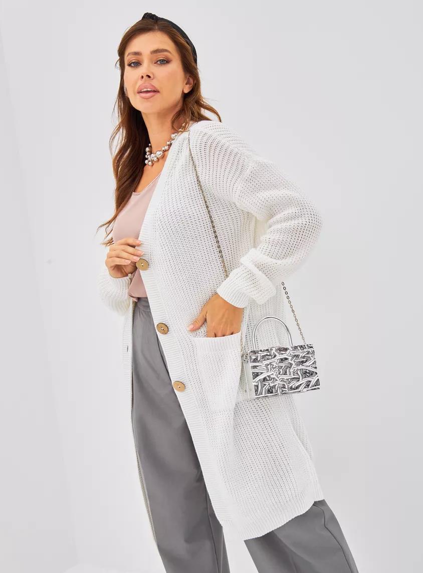Damen Grobstrick-Cardigan mit schlichten Holzknöpfen und praktischen Taschen R&B