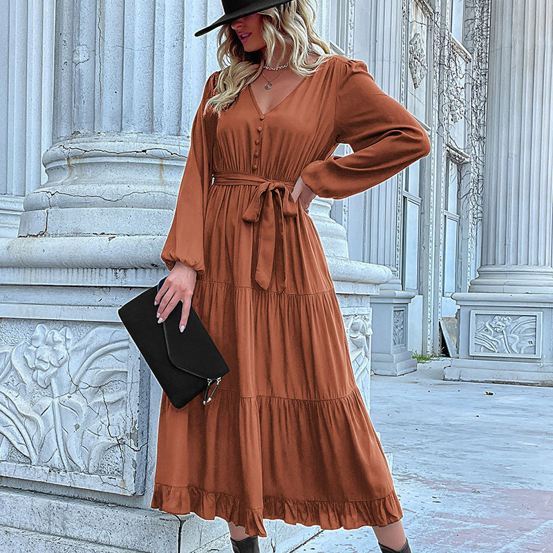 Damen Maxikleid mit Knopfleiste, Taillengürtel und Rüschensaum R&B