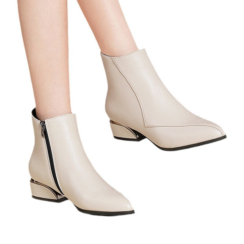 Damen nan elegante Kurzstiefelette mit spitz zulaufender Vorderkappe seitlichem Reißverschluss und metallischem Blockabsatz R&B