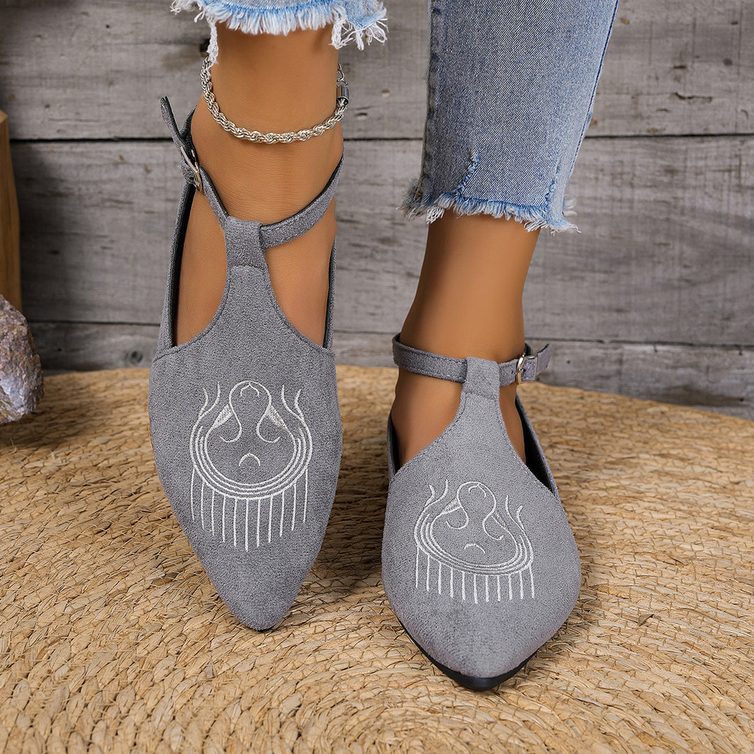Damen Flache Slingback-Pantoletten mit eleganter Schnallen-Applikation und kunstvollen Stickereien R&B
