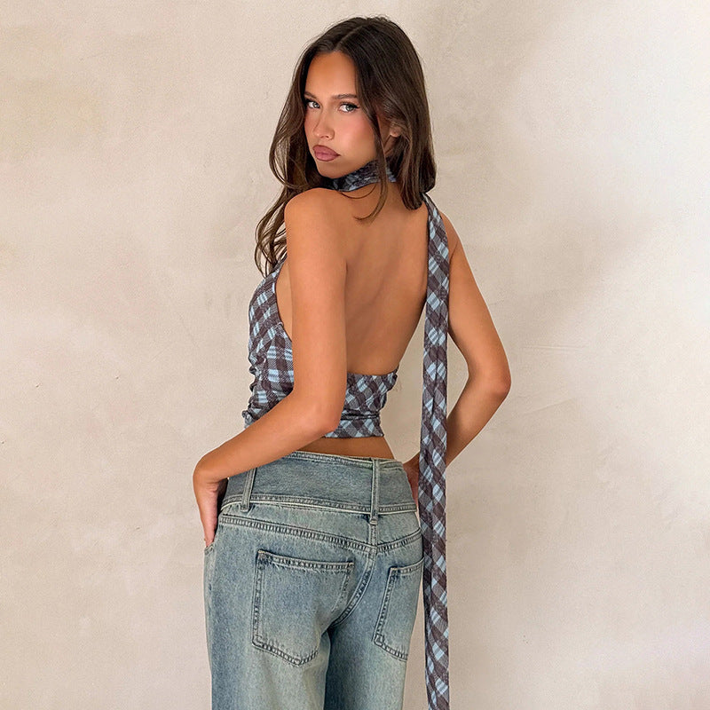 Damen Crop Top mit Raffung und modischem Karo-Muster R&B