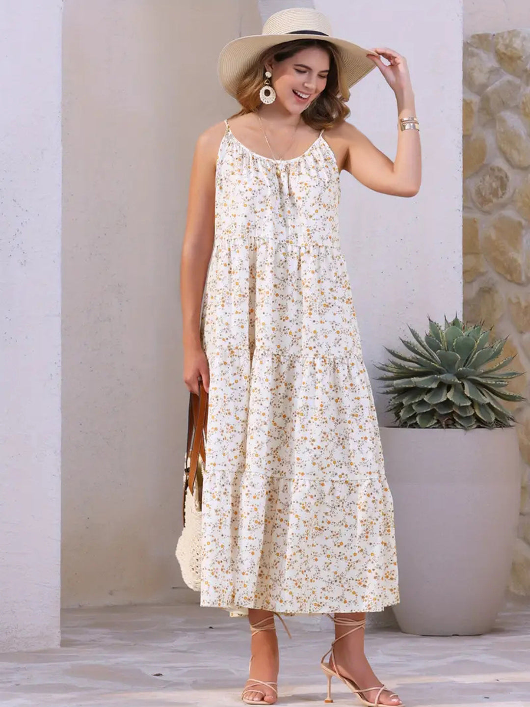 Damen luftiges Maxikleid mit floralem Muster und Spaghettiträgern R&B