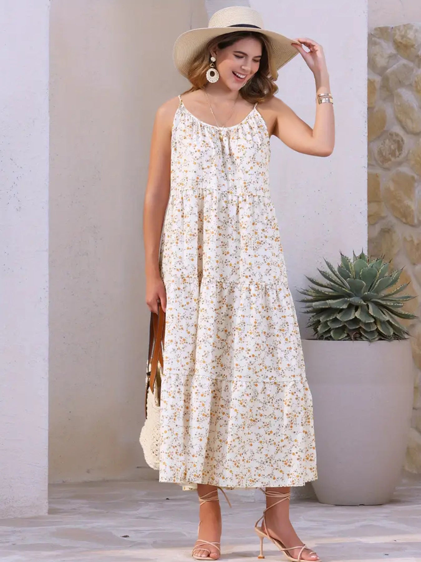 Damen luftiges Maxikleid mit floralem Muster und Spaghettiträgern R&B