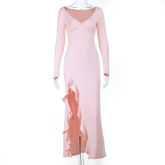 Damen elegantes Maxikleid mit Rüschen und tiefem Ausschnitt R&B