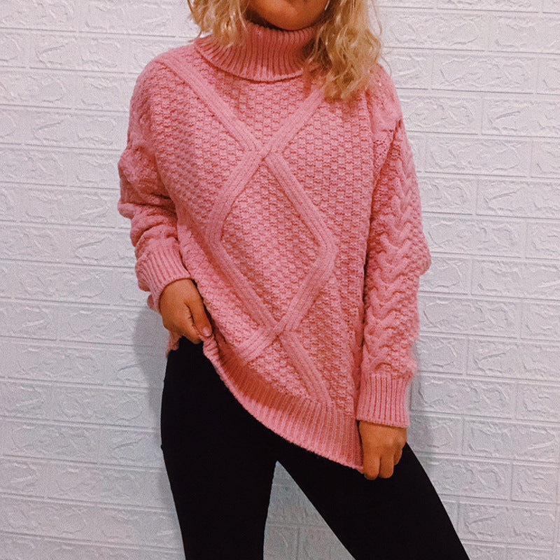 Damen Grobstrickpullover mit modischem Zopfmuster und hohem Kragen R&B