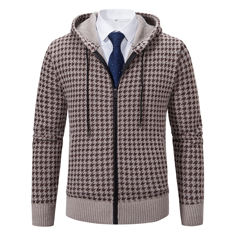 Herren gemütlicher Strickpullover mit modernem Karomuster und Kapuze R&B