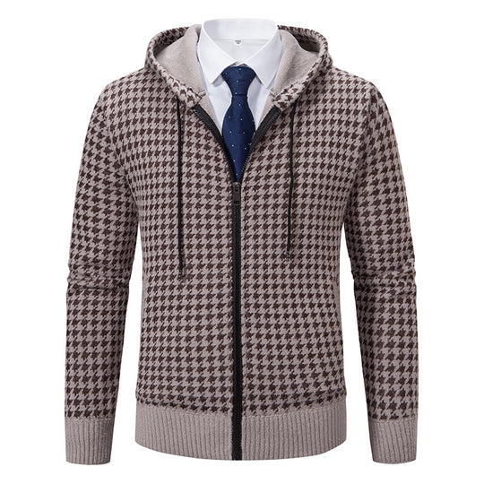 Herren gemütlicher Strickpullover mit modernem Karomuster und Kapuze R&B