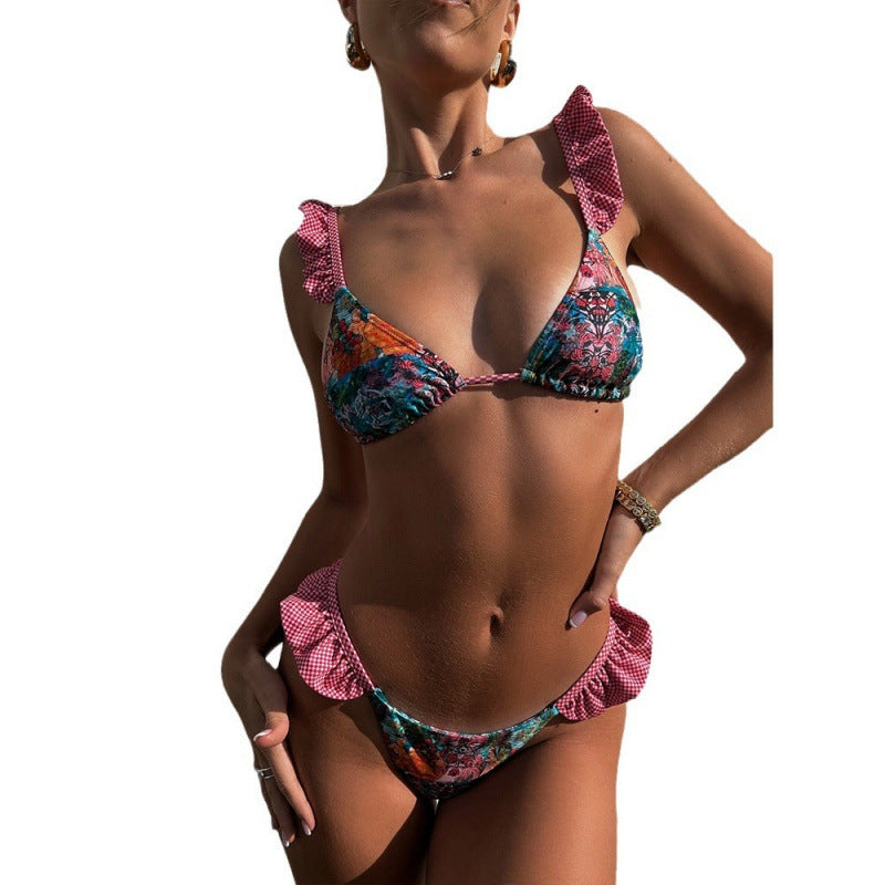 Damen Triangel-Bikini mit fröhlichem Blumenmuster und Rüschendetails R&B