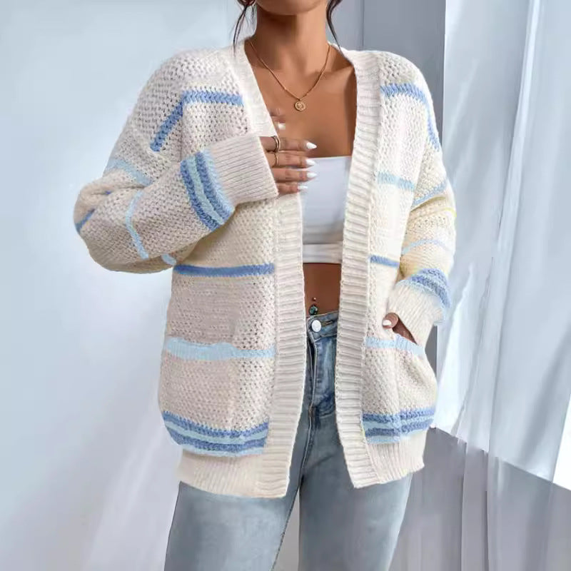 Damen gemütlicher Strickcardigan mit bunten Streifen R&B
