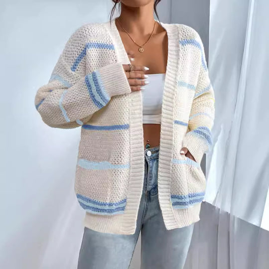 Damen gemütlicher Strickcardigan mit bunten Streifen R&B