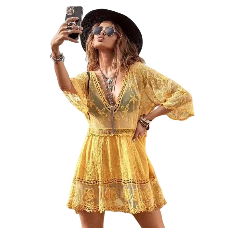 Damen luftiger Beachcover-Up mit aufwendiger Stickerei R&B