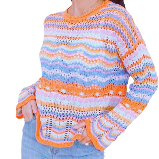 Damen Strickpullover mit buntem Zickzackmuster R&B
