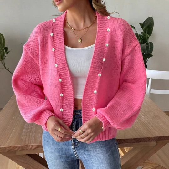 Damen Strickjacke mit dekorativen Perlenknöpfen und weitem Schnitt R&B