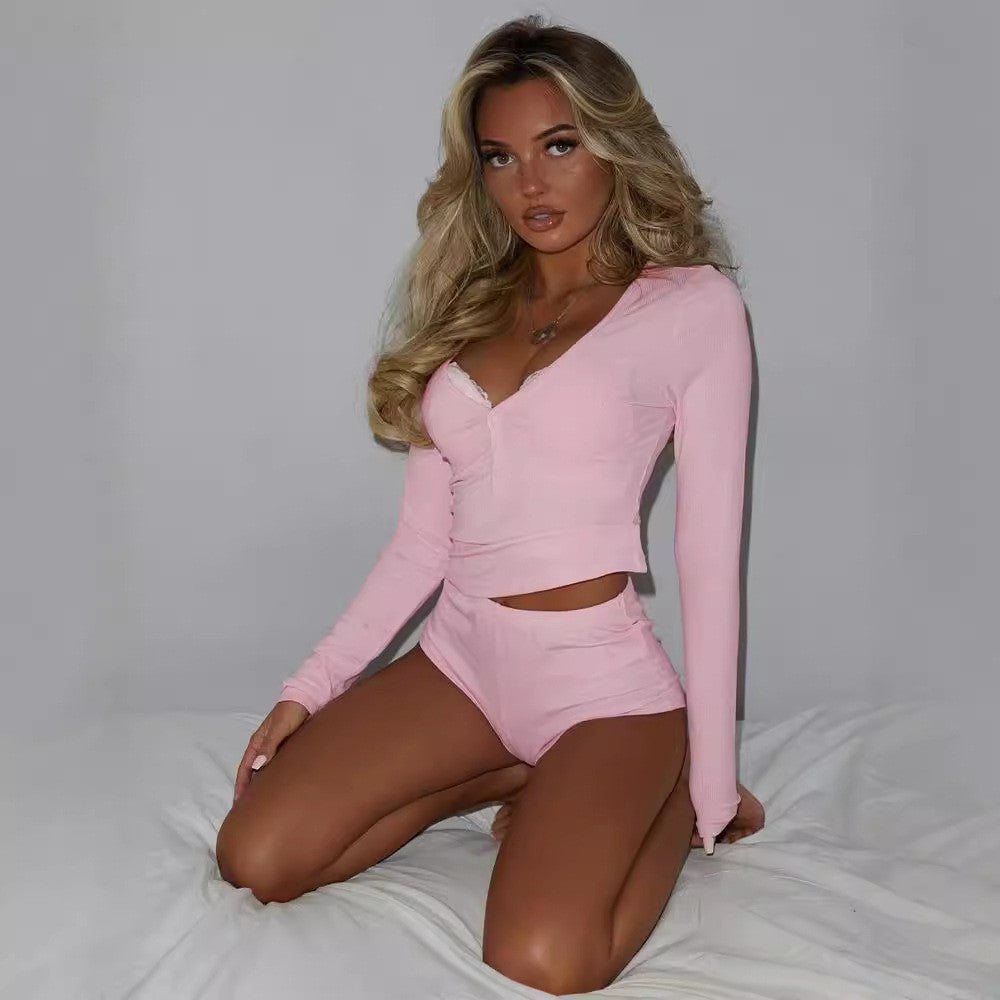 Damen Langärmliges Oberteil mit knopfbefestigtem V-Ausschnitt und bequemen Shorts R&B