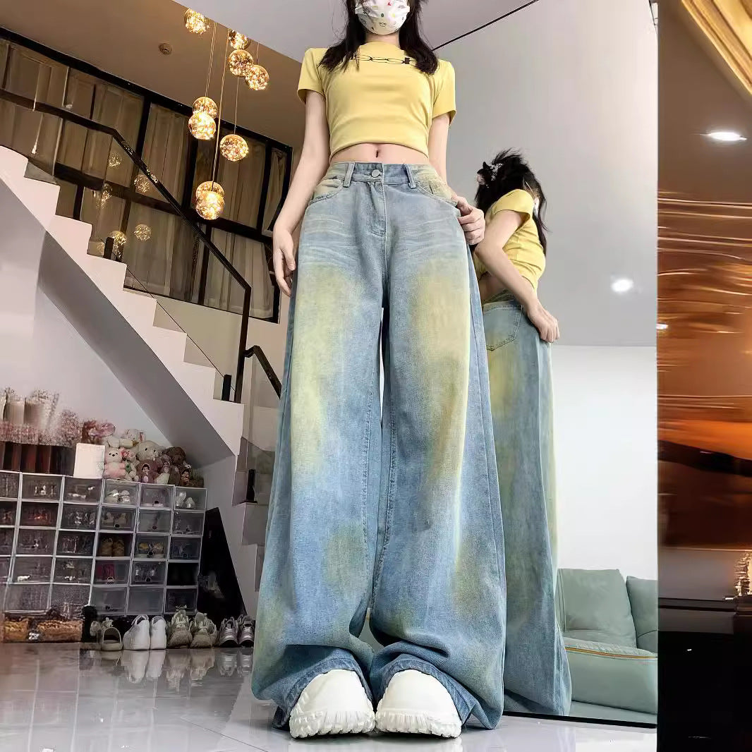 Damen weite High-Waist Jeans im lässigen Stil mit individuellen Waschungen R&B