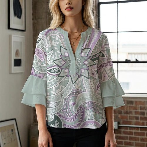 Damen Bluse mit voluminösen Rüschenärmeln und kreativem Floraldesign R&B